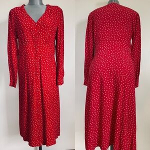 Boden Sz 8 Dress Red And Tan Polka Dot Long Sleeve Button Down Midi V Neck Y2K